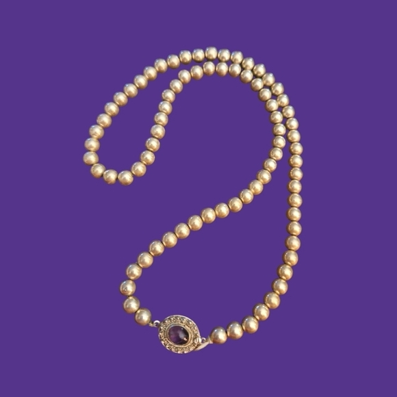 Vintage Sterling Silver Victorian Amethyst Box Clasp Hollow Beaded Necklace - Picture 1 of 9